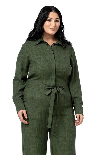 DISENTIS MODEST Plus Size Wide Leg Khaki Jumpsuit with Tunnel Waist and Elastic Back