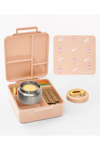 Bonfino صندوق غداء تريتان بينتو من Ballerinas Food Grade مع وعاء طعام، 4 أقسام، 1.87 لتر، بني