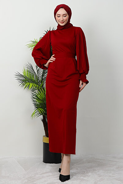 GİZ AGİYİM Φόρεμα με πλισέ με μπορντό χρώμα