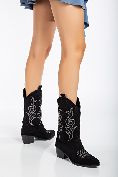 PowerSpeed Kadın Siyah Süet Termo Taban Nakışlı Sivri Burunlu Western Uzun Ko...