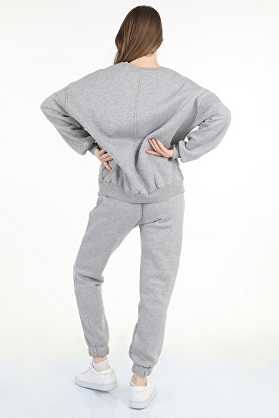 le mardi Oversize Bisiklet Yaka Şardonlu 3 Iplik Kadın Gri Eşofman Takımı