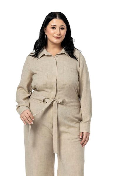 DISENTIS MODEST Plus Size Wide Leg Beige Jumpsuit with Tunnel Waist and Elastic Back