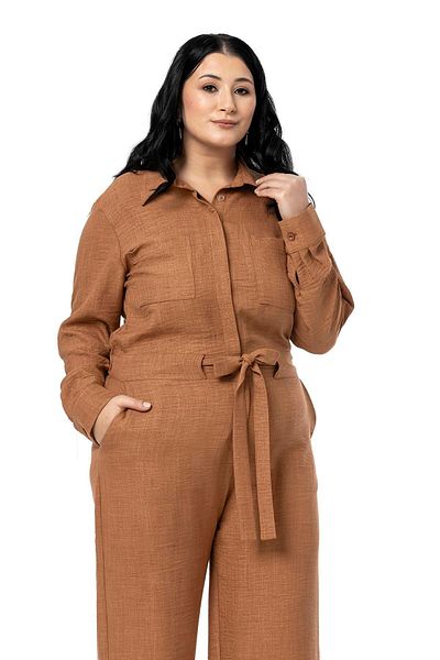 DISENTIS MODEST Large Size Wide Leg Cinnamon Jumpsuit with Tunnel Waist and Elastic Back