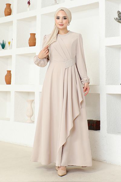 ModaMerve Cream Color Stone Detailed Dress - Asm2507