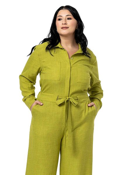 DISENTIS MODEST Plus Size Wide Leg Pistachio Green Jumpsuit with Tunnel Waist and Elastic Back