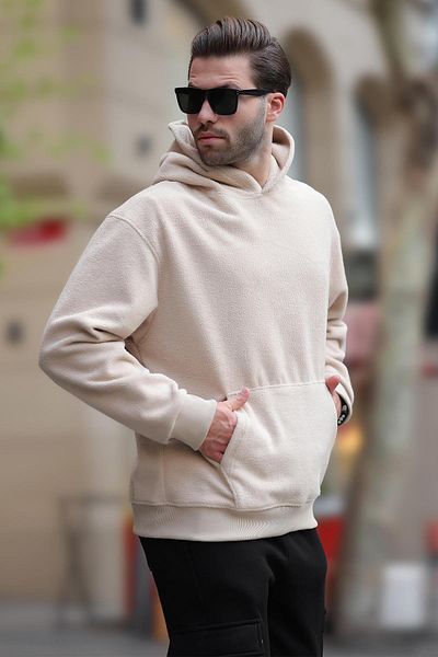 Madmext Ανδρικό φούτερ Fleece 7093 - Μπεζ, με κουκούλα και λεπτομέρεια τσέπης