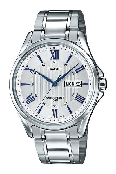 Casio Silver Color Men's Wrist Watch with Numerals Blue Cord