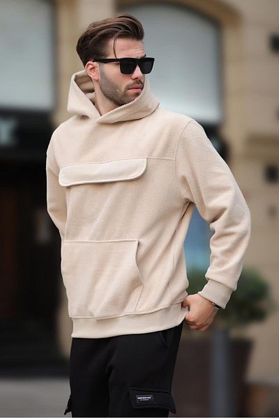 Madmext Ανδρικό φούτερ Fleece - Μπεζ, με κουκούλα, λεπτομέρεια τσέπης με πτερύγια, Μοντέλο 7097