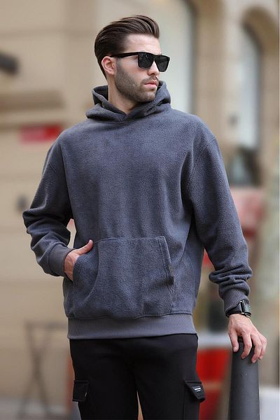 Madmext Ανδρικό φούτερ Fleece 7093 - Καπνιστό, με κουκούλα και λεπτομέρεια τσέπης