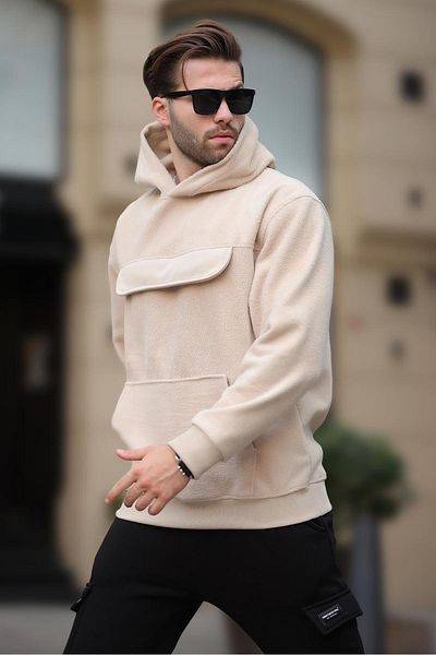 Madmext Ανδρικό φούτερ Fleece - Μπεζ, με κουκούλα, λεπτομέρεια τσέπης με πτερύγια, Μοντέλο 7097