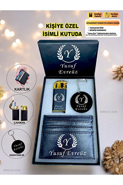 birdoz avm Kişiye Özel İsimli Harf Tasarım Lüks Çakmak & Kartlık & Anahtarlık 3 Lü Hediye Set Özel İsimli Kutu