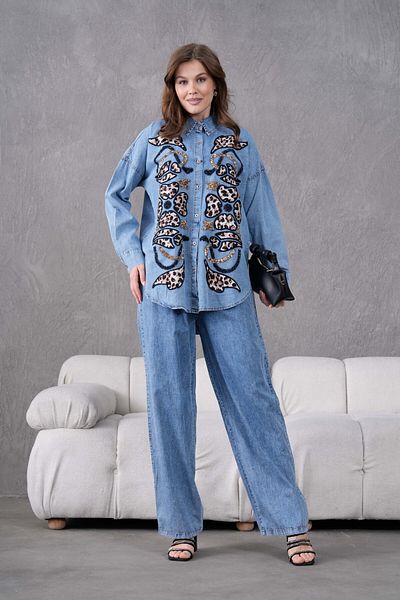 Miss Allos Set cămașă și pantaloni blugi pentru femei, cu paiete în față, brodate cu imprimeu leopard