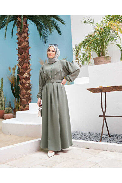 Neways 6586-Krep Büzgülü Elbise Mint Yeşili