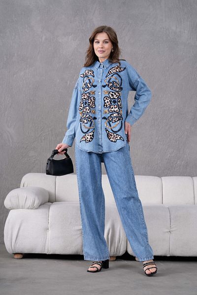 Miss Allos Set cămașă și pantaloni blugi pentru femei, cu paiete în față, brodate cu imprimeu leopard