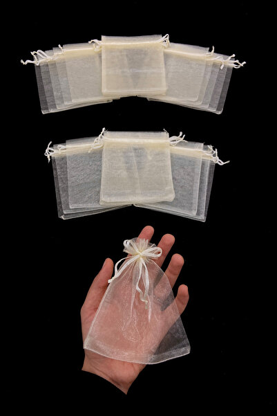 ZEYMERADE Krem Organze Şeffaf Tül Kese 50 Adet Ölçü 12x14cm, Kına Çerez Kuruyemiş Altın Takı Söz Hediye Bohça