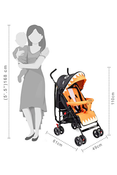 Babyhug Lil Monsta EN Certified Stroller, 6M-3Y, Adjustable Leg Rest, Safety Harness - Orange/Black