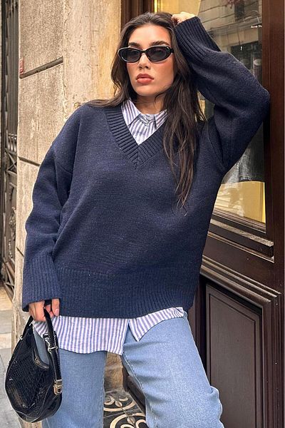 Madmext Marineblauer Oversize-Strickpullover mit V-Ausschnitt für Damen, Modell MG2149