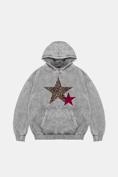 Sekizbiraltı Y2k Leopard Starz Printed Oversize Unisex Λευκό κουκούλα που πλένεται