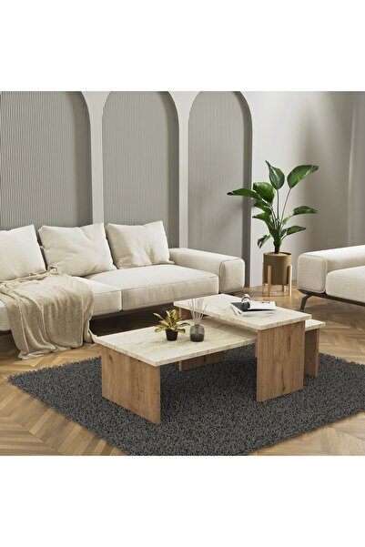 Cool Home Vera 2 ' li Orta Sehpa , Servis Sehpası Sepet - Traverten(Mermer Desen)