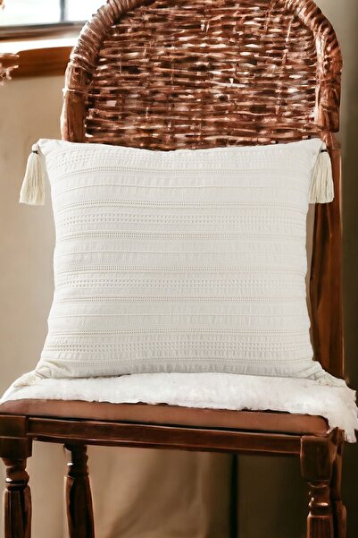 ASDİVA Buldan Woven Tasseled Bohemian Design 100% Cotton 45X45Cm Throw Pillow Cover Cream
