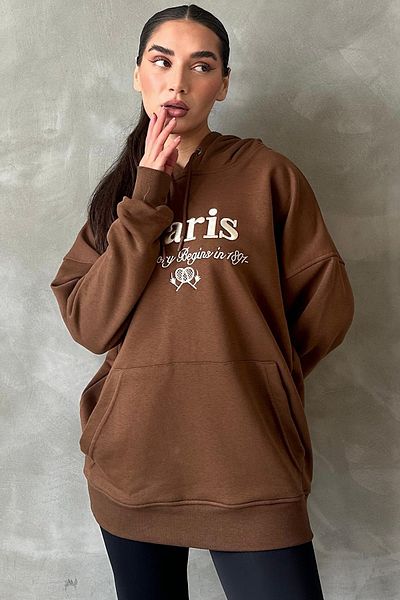 Seeh Кафяв дамски суитшърт с качулка Oversize SH190