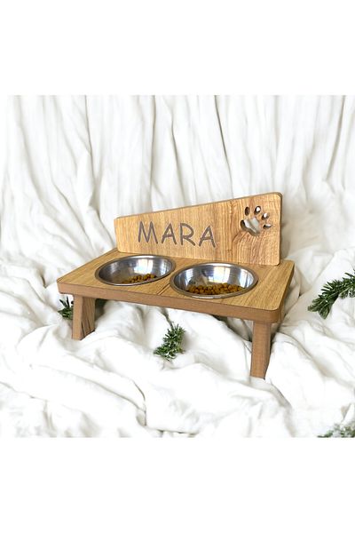 Nursoft Wooden Cat Food Bowl Stand Custom Name Printed Cat Dog Water Bowl