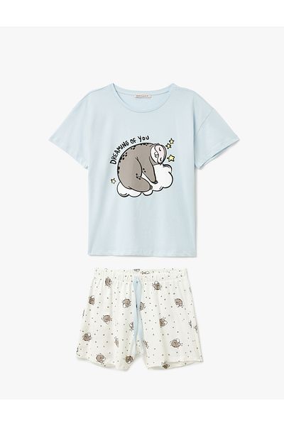 Koton Set de pijamale cu mânecă scurtă cu imprimeu din bumbac, cu pantaloni scurți