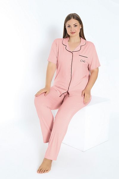Cotpark Plus Size Women's Viscose Combed Cotton Pajamas Set - Front Button, Short Sleeve Shirt Collar 19060-B