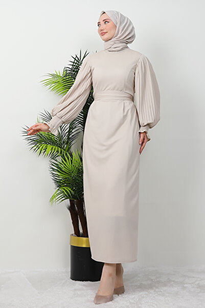 giz astore Kolu Piliseli Gipeli Elbise Bej