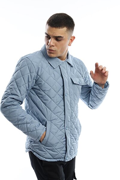 Polo State Men's Winter Diamond Patterned Long Basic Blue Coat