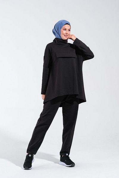 Plistre 2232_Interlock Black Modern Design Tracksuit Set