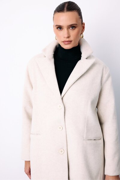 Sateen Düğmeli Kaşe Ceket - Ekru