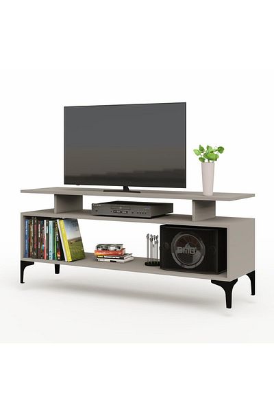 Mahmayi Modern TV Stand, Support Upto 50-Inch TV Media Console with 2 Storage Shelfs-Light Grey