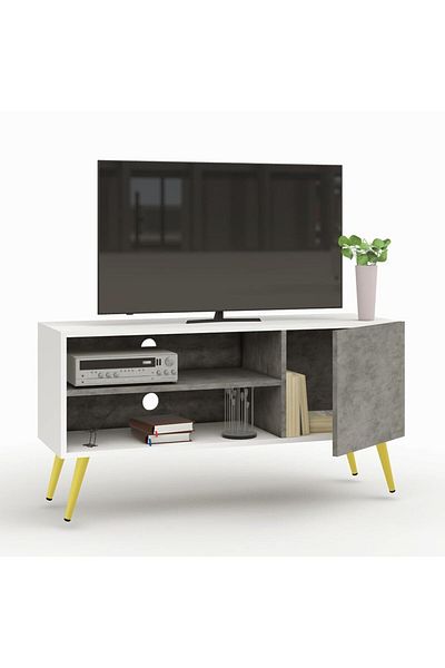 Mahmayi TV Stand, TV Media Console with 2 Storage Cabinets 1 Storage Door-White/Light Concrete