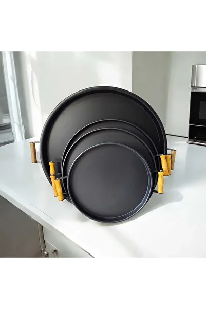 EceAksesuar Set of 4 Metal Tray with Wooden Handles - 50, 40, 37, 30 cm Coffee Tray Presentation Tray