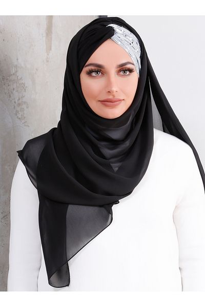 Differenza شال حجاب جاهز بعقدة ترتر لامعة - أسود نصف فضي