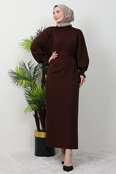 giz astore Kolu Piliseli Gipeli Elbise Acı Kahve