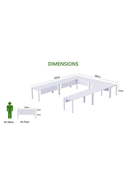 Mahmayi Figura 72-14 U-Shaped Conference Meeting Table for Office - 12 Seater, White