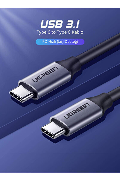 Ugreen USB-C 60W Thunderbolt USB3.1 GEN1 3A QC PD Hızlı Şarj Kablosu, 1.5 Metre, Siyah - 50751