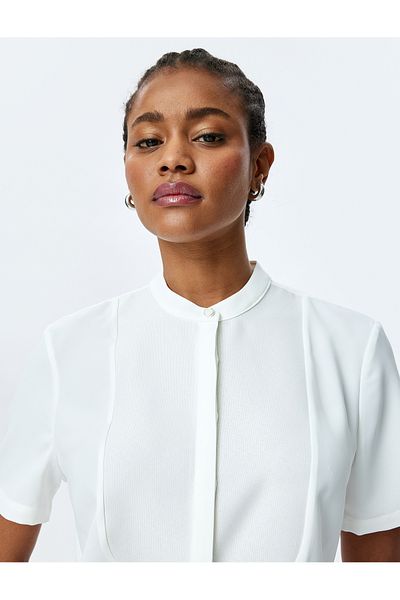 Koton Stand Collar Short Sleeve Tuxedo Shirt with Two Different Fabric Uses