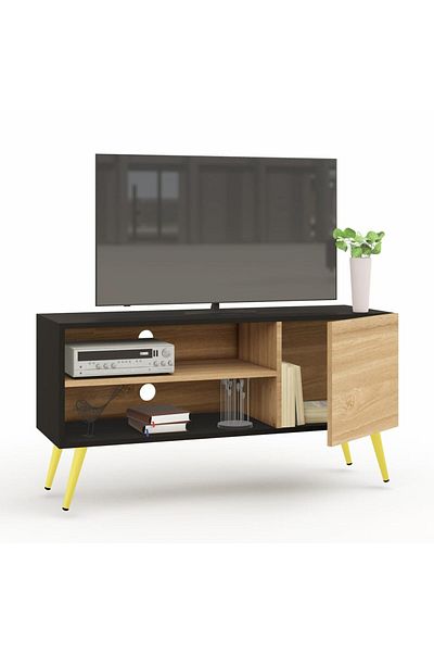 Mahmayi TV Stand, TV Media Console with 2 Storage Cabinets 1 Storage Door-Black/Light Imperia