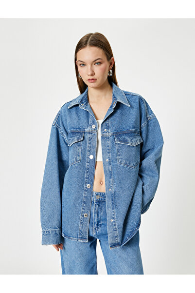 Koton Дълго дънково яке, риза, яка и джоб, памук