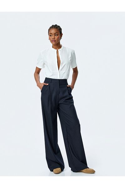 Koton Stand Collar Short Sleeve Tuxedo Shirt with Two Different Fabric Uses