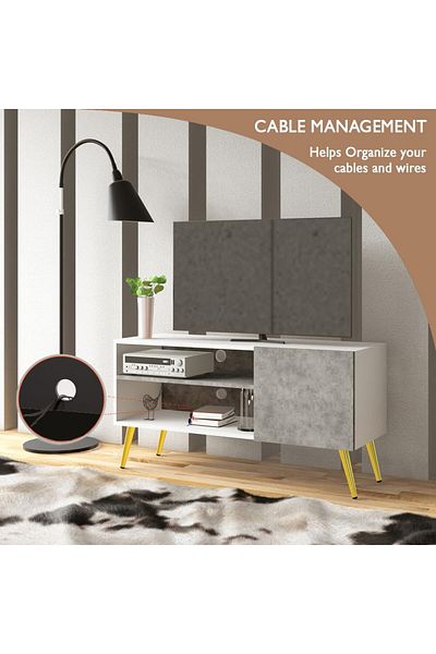 Mahmayi TV Stand, TV Media Console with 2 Storage Cabinets 1 Storage Door-White/Light Concrete