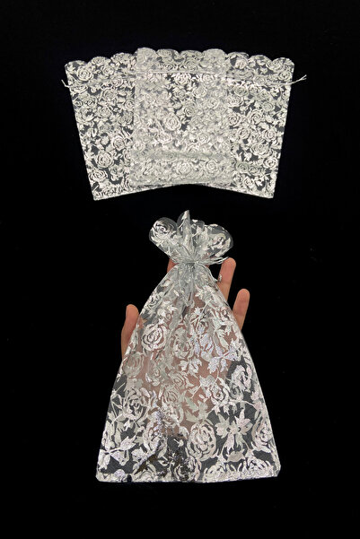 ZEYMERADE Gümüş Güllü Şeffaf Tül Kese, 20 Adet Ölçü 15x27cm, Hediye Gelin Düğ...
