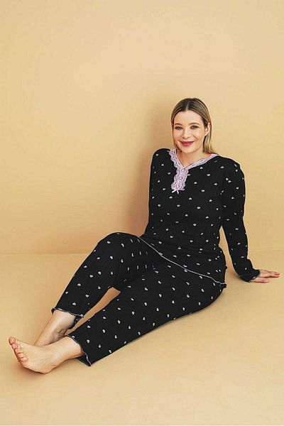 Temporium Women's Winter Plus Size Curve Embroidered Patterned Collar Buttoned Long Sleeve Pajama Set