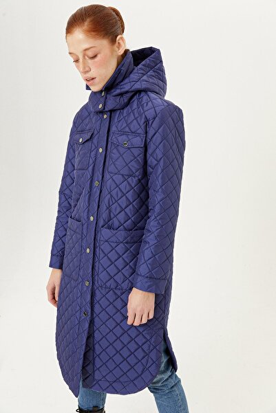 rue Navy Blue Hooded Quilted Long Coat