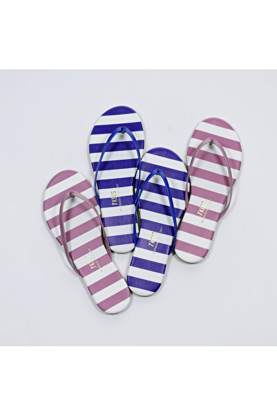 Tkees Women's White/Blue Striped Patterned Stylish Casual Flip Flops