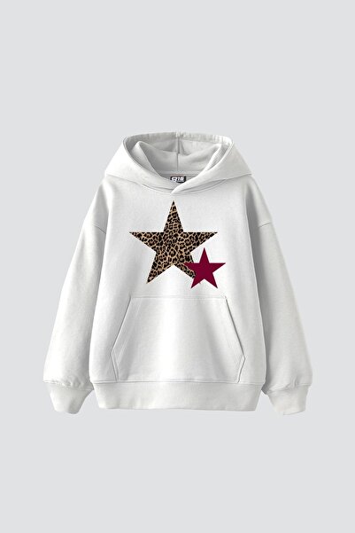 Bak Moda Y2k Leopard Starz printana velika unisex bela majica sa kapuljačom