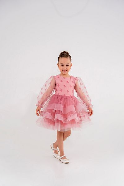 Eray Kids Ruffled Butterfly Print Girls' Evening Dress with Bow Detail